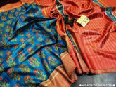 Pure Ghicha Tussar Saree Ð Blue Ajrakh Block Print - Saree - Aakritee - S10777